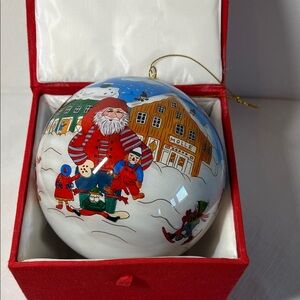 Holiday Ornament Christmas, hand-painted, "Santa & children playing in the snow"